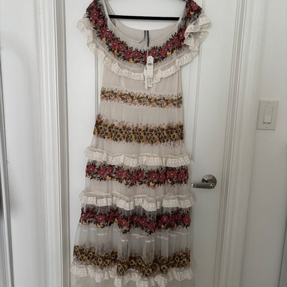 NWT By Anthropologie Ruffle-Sleeve V-Neck Embroidered Tulle Tiered Maxi Dress - Picture 3 of 7